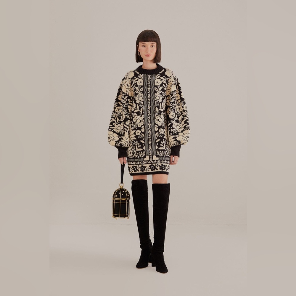 Farm Rio Black Pineapple Garden Mini Sweater Dress XXS